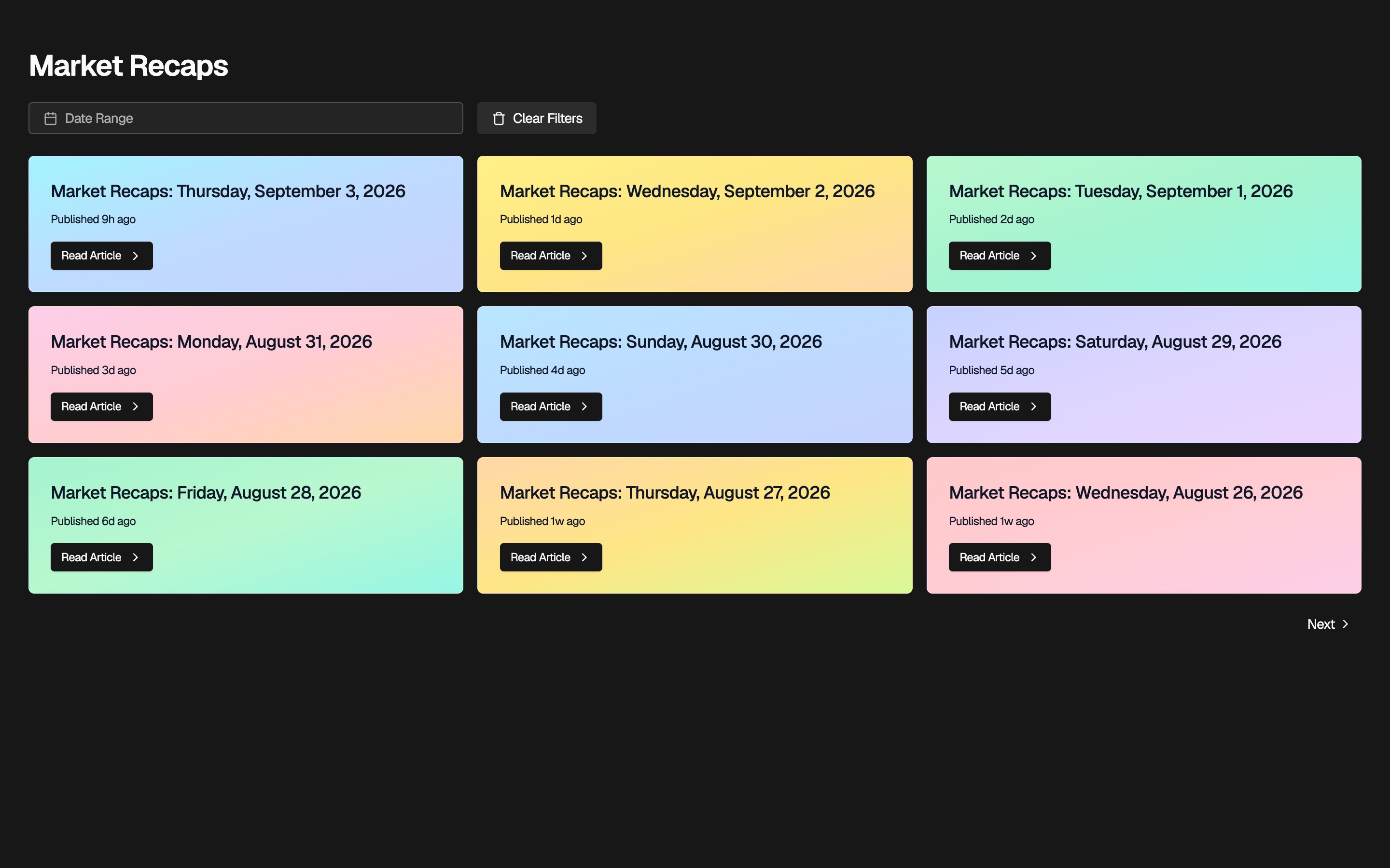 Ryxel Market Recaps list with a date-range filter and daily recap cards, each with a Read Article button