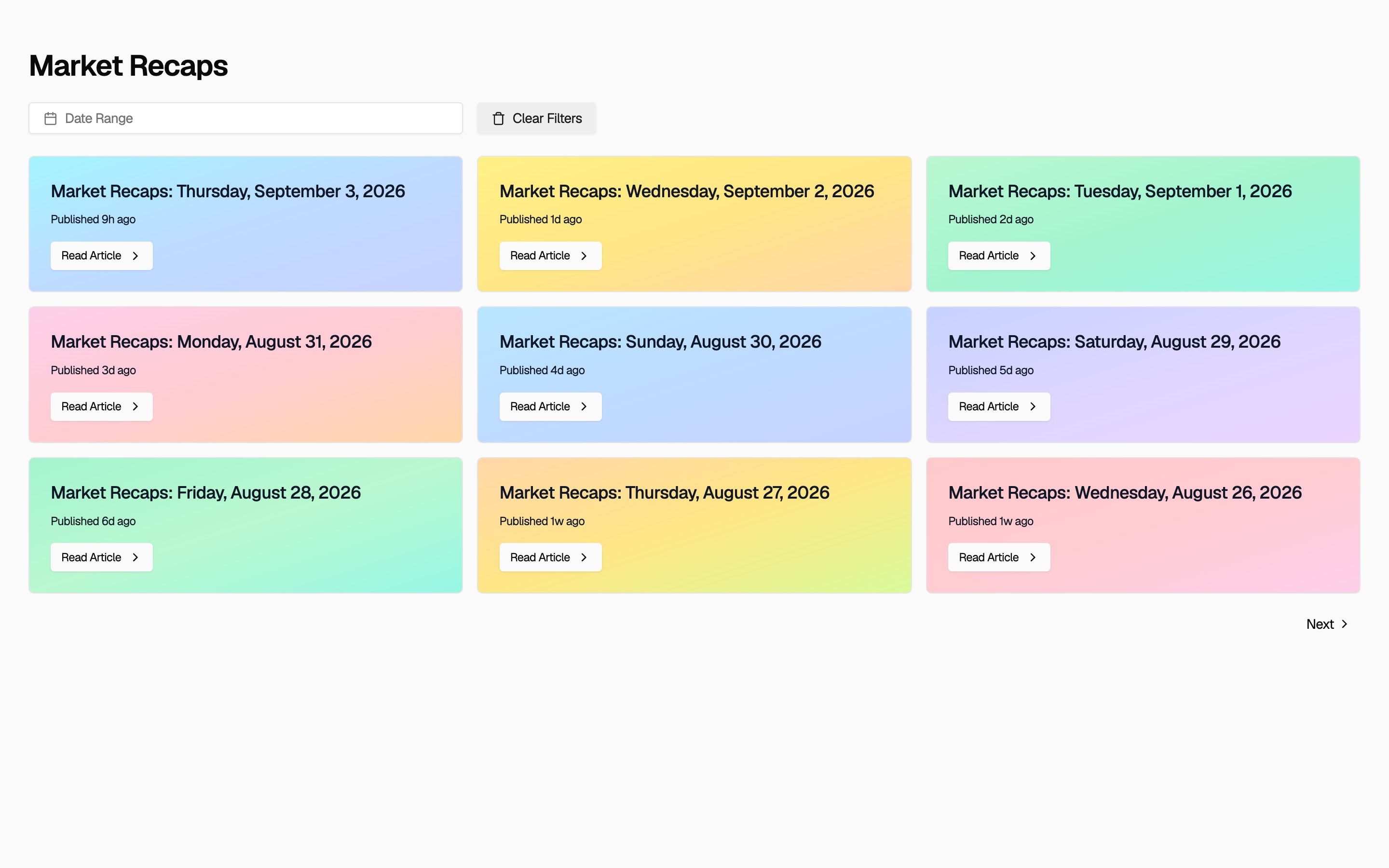 Ryxel Market Recaps list with a date-range filter and daily recap cards, each with a Read Article button